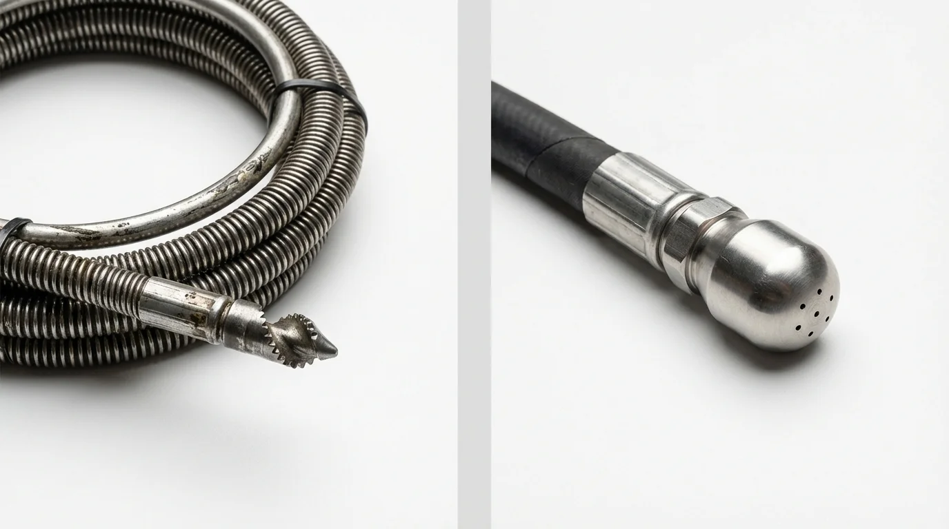 Drain snake cable and hydro jetting nozzle used for drain cleaning in Mayville, ND
