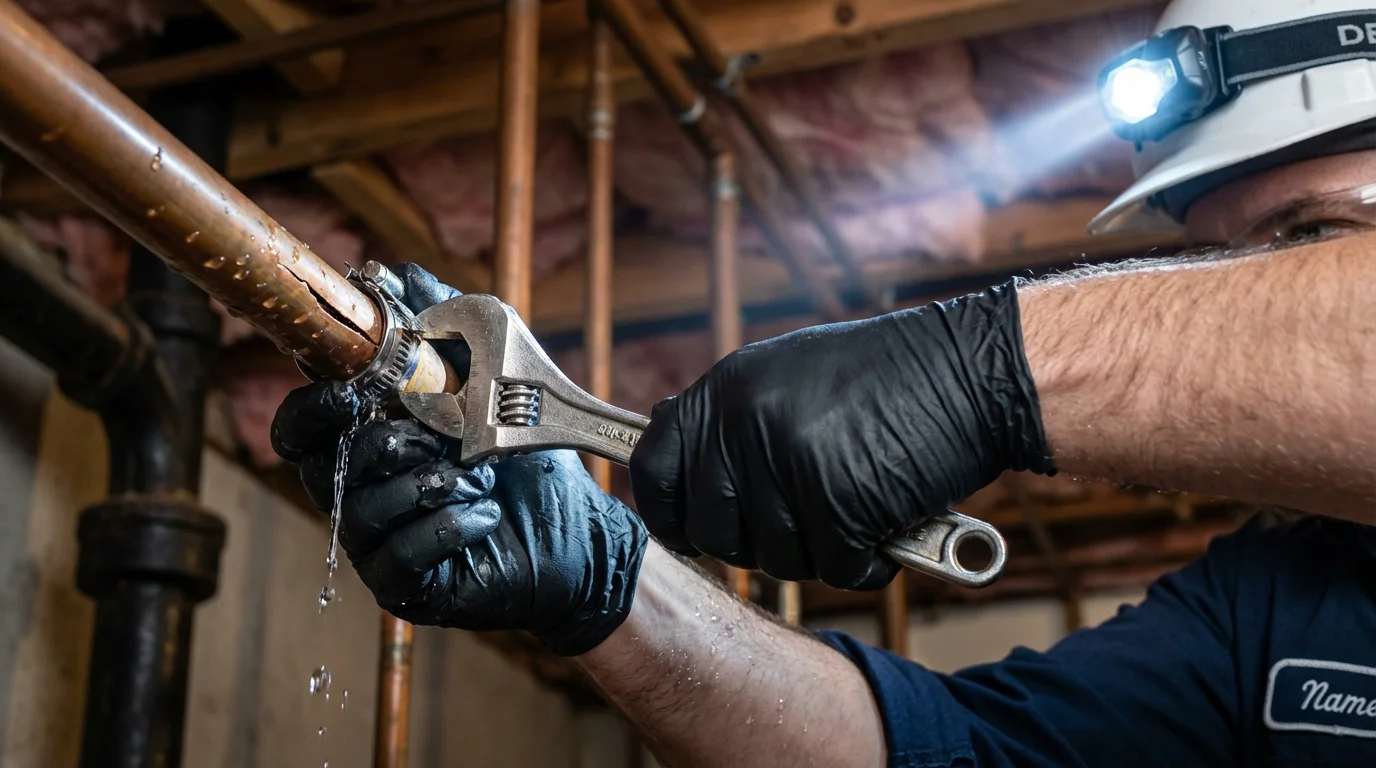 Emergency pipe clamp repair being performed by a Johns Plumbing LLC plumber in Mayville