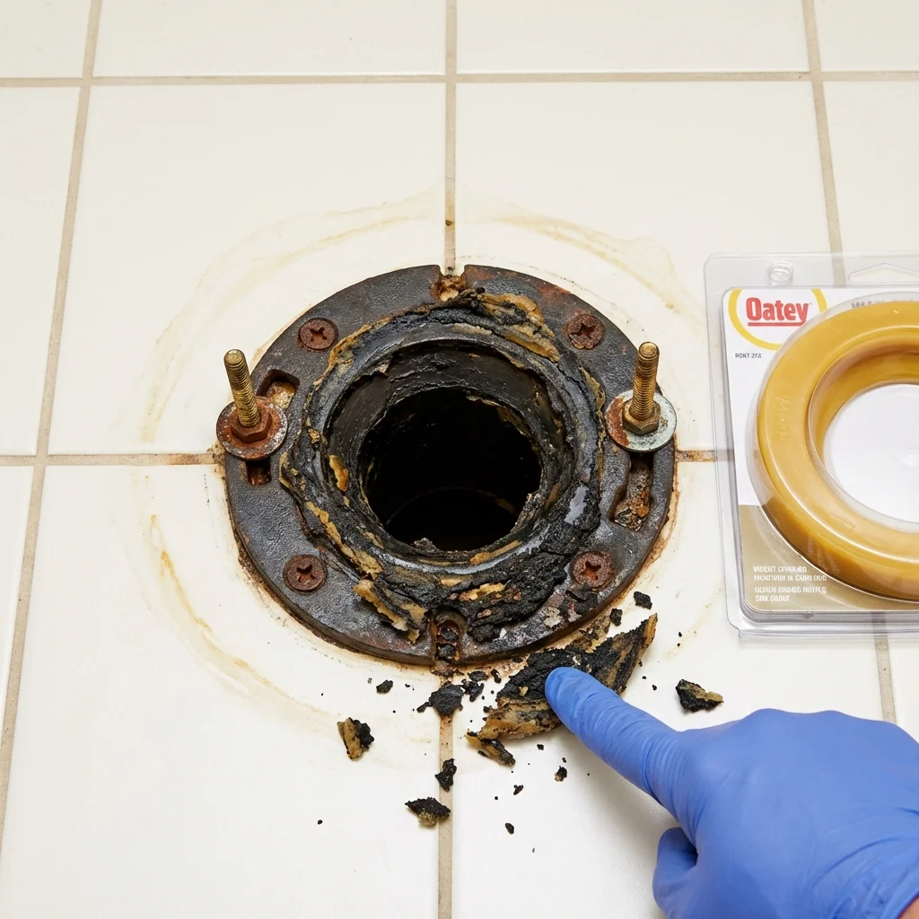 Failed wax ring showing water seepage at the base of a toilet in a Mayville, ND home