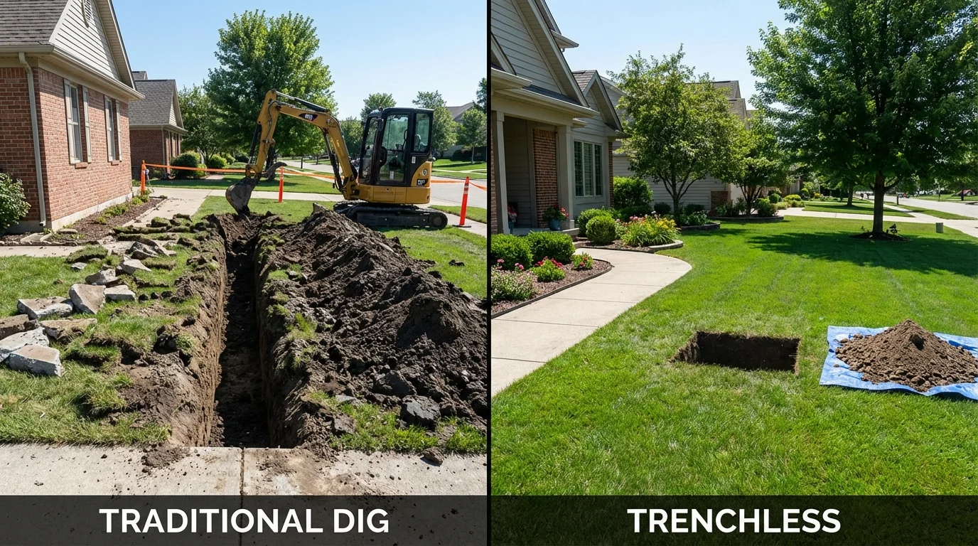 Trenchless sewer repair with minimal yard damage versus traditional excavation in Mayville, ND