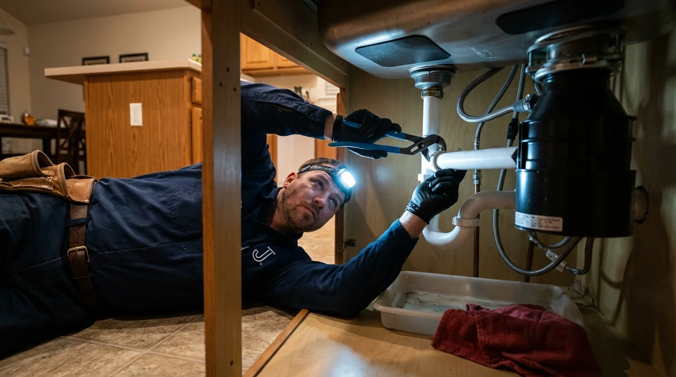 P-trap and supply line connections under a kitchen sink showing a common leak point in Mayville, ND